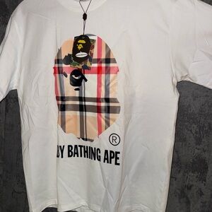 Bape White Short Sleeve Tee with Plaid Ape Head Graphic